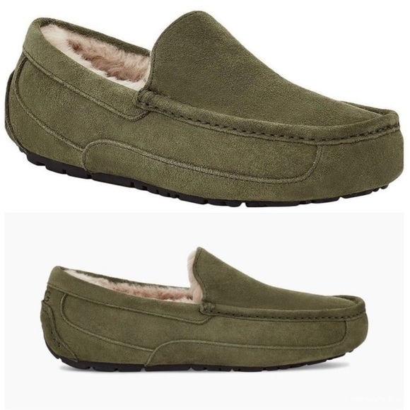 Ugg Men’s Suede Ascot Green Shearling Interior Slipon Loafers Slippers Size 11 - Picture 2 of 8